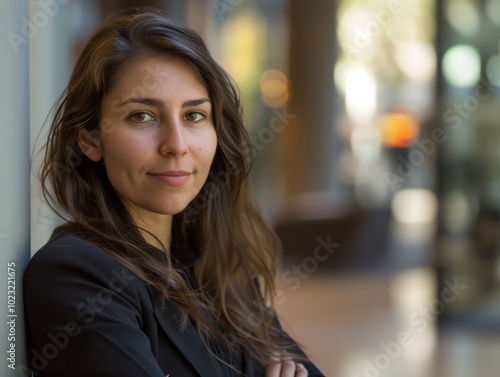 Wallpaper Mural A young woman with long hair poses confidently in a stylish outfit while leaning against a wall in a busy urban setting Torontodigital.ca