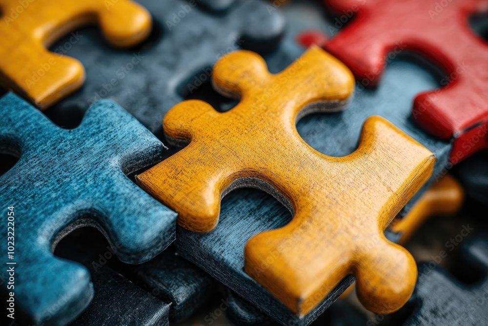 Fototapeta premium Close-up of Yellow Jigsaw Puzzle Piece Among Other Colors