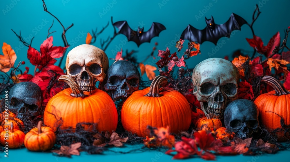 A Halloween display of pumpkins and skulls on a blue background A Halloween display of pumpkins and skulls on a blue background