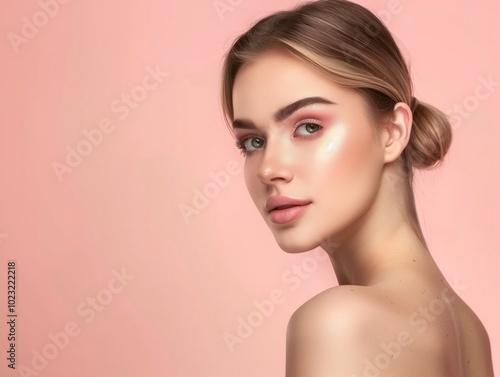 The young woman with glowing skin and subtle makeup displays her beauty against a soft pastel pink backdrop