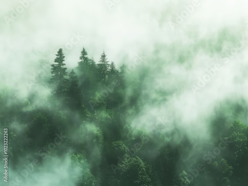 A thick layer of fog blankets a lush forest, with towering trees emerging dramatically in the early morning light