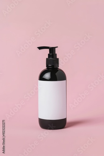 A sleek black bottle with a pump sits against a soft pink backdrop, perfect for showcasing cosmetic or skincare products