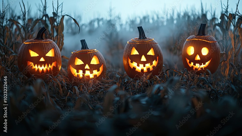 Four eerie Halloween pumpkins glow in a misty cornfield, each showcasing unique carved faces for a spooky atmosphere. Four eerie Halloween pumpkins glow in a misty cornfield, each showcasing unique carved faces for a spooky atmosphere.