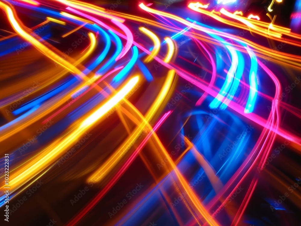 Vibrant streaks of light swirl across the city streets, capturing the energy of nightlife and movement Vibrant streaks of light swirl across the city streets, capturing the energy of nightlife and movement