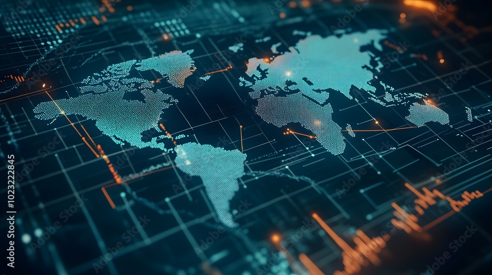 Stock market trends displayed on a world map with financial hubs connected by lines Stock market trends displayed on a world map with financial hubs connected by lines
