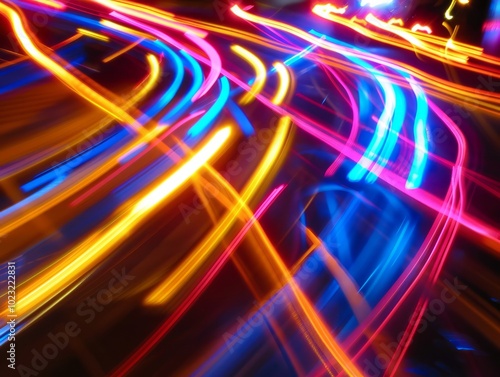 Vibrant streaks of light swirl across the city streets, capturing the energy of nightlife and movement photo