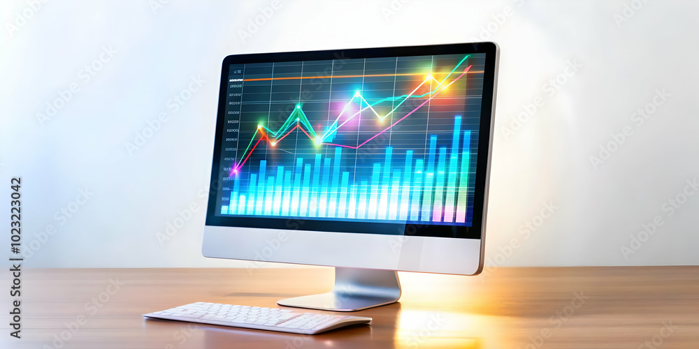Medium angle shot of a glossy desktop monitor displaying floating holographic loan documents and interest rate graphs - ideal for financial services concept, showcasing modern loan insights. Medium angle shot of a glossy desktop monitor displaying floating holographic loan documents and interest rate graphs - ideal for financial services concept, showcasing modern loan insights.