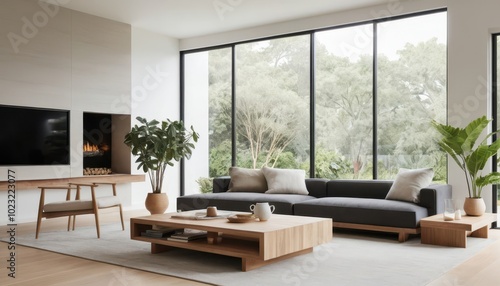 Modern Minimalist Living Room with Large Windows and Lush Greenery