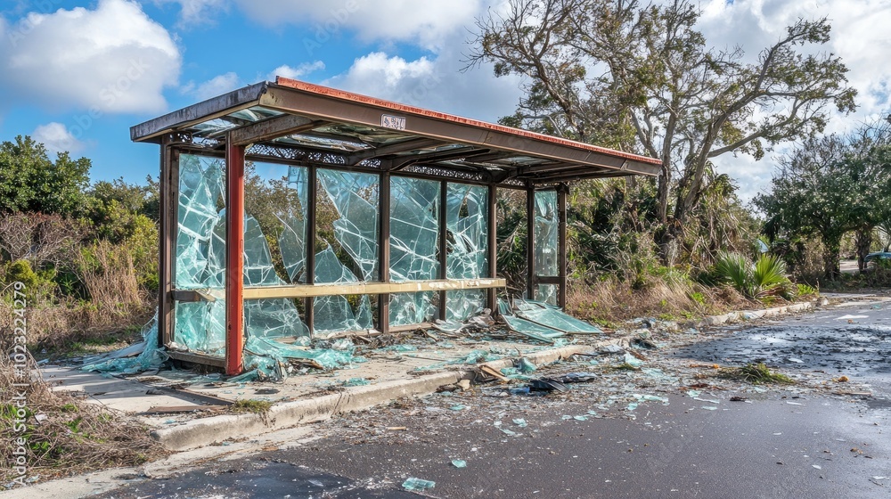 Bus stop showing hurricane damage with broken glass Bus stop showing hurricane damage with broken glass
