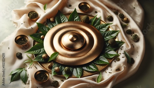 luxury flatlay of shiny brass large disc and freash green tea leaves on tussar silk fabric photo