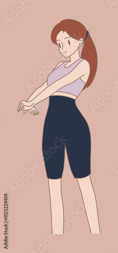 Young woman stretching before doing exercise. Hand drawn flat cartoon character vector illustration. 