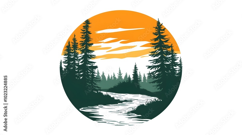 A vector illustration of the wilderness, with trees and a river in a circular shape, featuring a sunset and green colors against a white background.