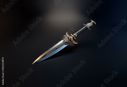 A gold-trimmed dagger lies on a dark surface, its intricate design gleaming.