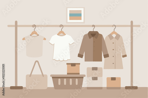 Image shows a well-organized, fully stocked dressing room with clothes racks filled with pastel-colored clothing items, bags, and accessories.