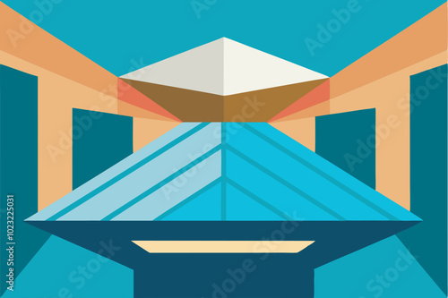 Digital geometric artwork: blue pyramid center surrounded by colorful triangles and squares on bright blue background. Simple, dynamic, visually appealing composition.