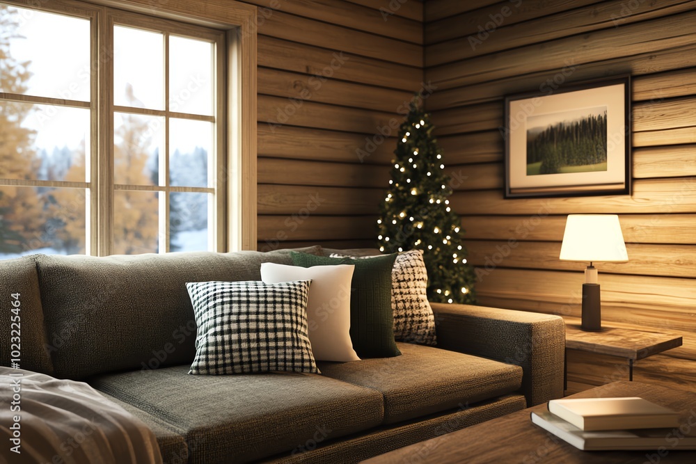 Fototapeta premium Cozy living room with a Christmas tree, warm lighting, and comfortable couch, perfect for the holiday season and winter vibes.