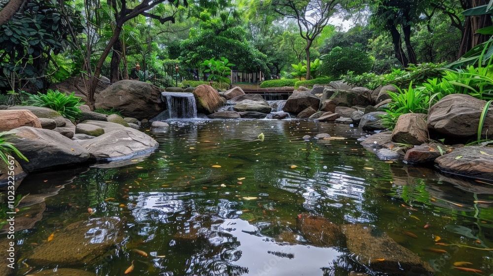 Serene Pond Surrounded by Rocks and Lush Greenery Serene Pond Surrounded by Rocks and Lush Greenery