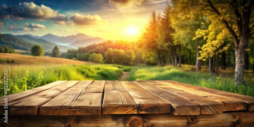 A rustic wooden table top with a scenic view of a sun-drenched meadow and distant mountains, perfect for showcasing your products or culinary creations.