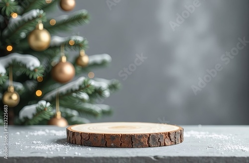 Wooden stand for Christmas product presentation with christmas tree on the background. Realistic product podium for Christmas winter and christmas discount design, sale