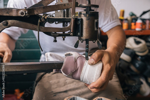 Bild auf Leinwand The hands of a shoemaker sewing the bottom of a sneaker