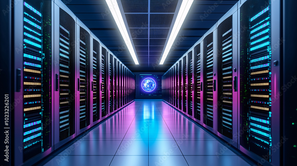 Futuristic neon data center featuring illuminated server racks, showcasing advanced technology, innovative design, and efficient data processing capabilities for modern enterprises Futuristic neon data center featuring illuminated server racks, showcasing advanced technology, innovative design, and efficient data processing capabilities for modern enterprises