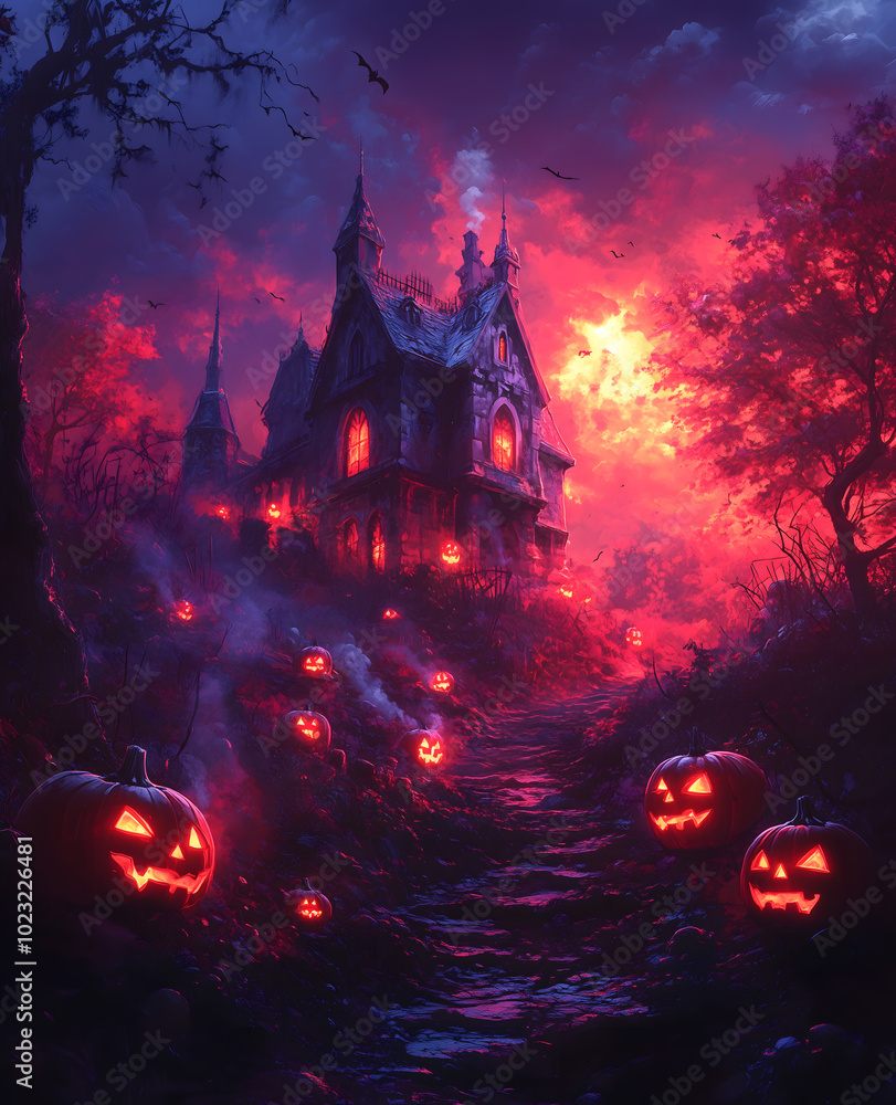 Haunted House with Pumpkins and Spooky Trees at Night Haunted House with Pumpkins and Spooky Trees at Night