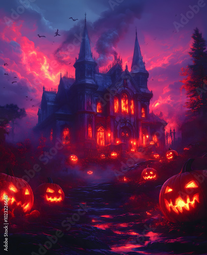 Haunted House with Pumpkins and Spooky Trees at Night