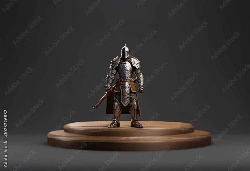 A knight in full armor stands on a wooden platform against a dark background. A knight in full armor stands on a wooden platform against a dark background.