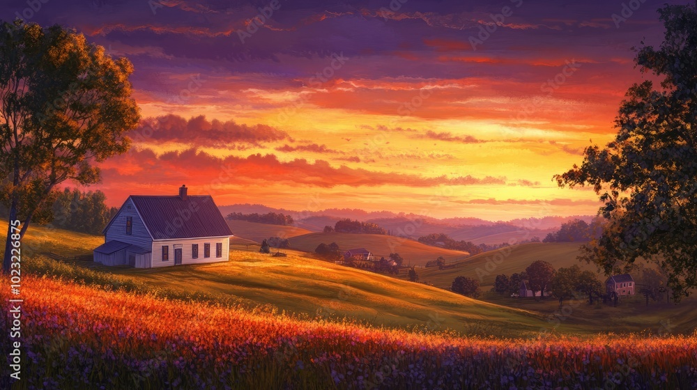 A peaceful rural scene at sunset with a farmhouse, rolling hills, and a sky painted in warm orange and purple tones. A peaceful rural scene at sunset with a farmhouse, rolling hills, and a sky painted in warm orange and purple tones.