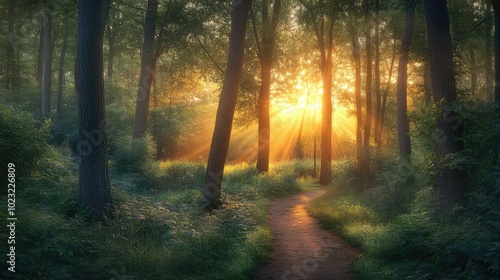 A peaceful forest scene with the setting sun casting golden rays through the trees, illuminating a path through the woods.