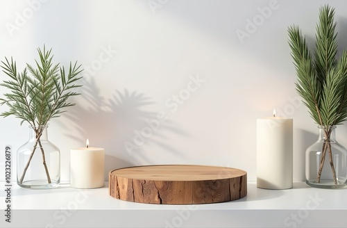 Wooden stand for Christmas product presentation with minimalistic christmas decorations.  Realistic product podium for Christmas winter and christmas discount design, sale