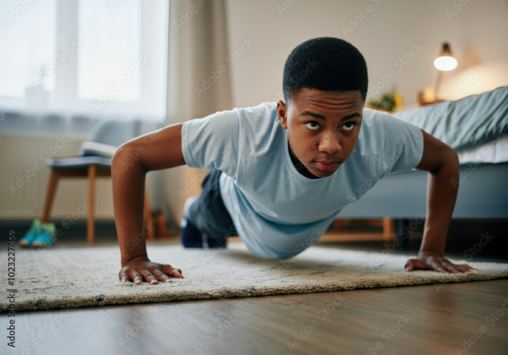 Young man is working out at home, doing pushups on a rug in his bedroom Young man is working out at home, doing pushups on a rug in his bedroom