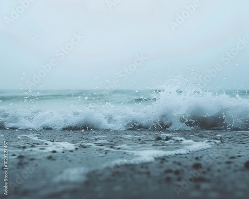 Rainy Beach Scene with Crashing Waves and Misty Haze Capturing Nature s Wild Beauty photo