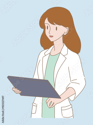 Scientific holding clipboard. Doctor holding computer tablet, digital medical document, examination notes, test results in hand.  Hand drawn flat cartoon character vector illustration.