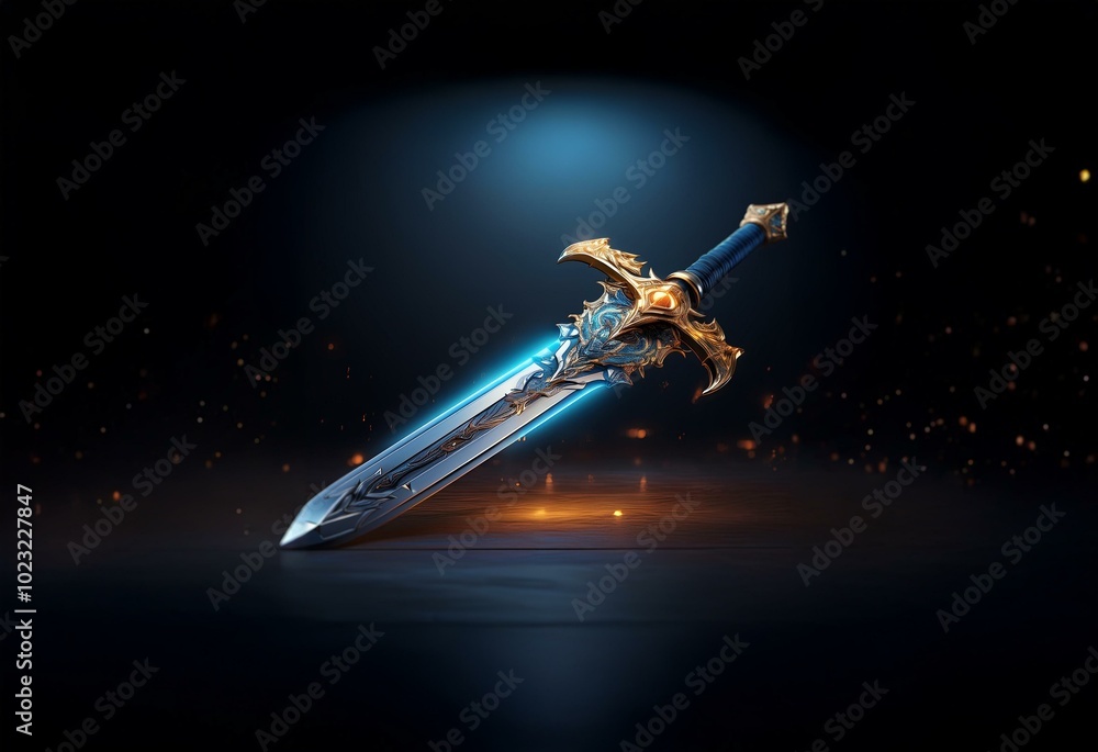 A glowing blue blade with golden accents rests on a dark wooden surface with a background of shimmering lights. A glowing blue blade with golden accents rests on a dark wooden surface with a background of shimmering lights.