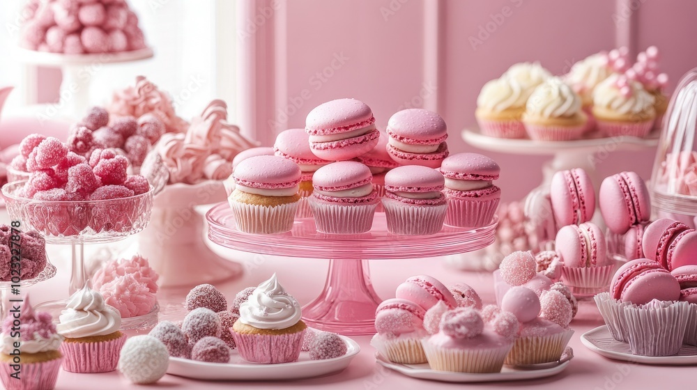 A pink dessert table with macarons, cupcakes, and candies beautifully arranged for a luxurious and sweet aesthetic. A pink dessert table with macarons, cupcakes, and candies beautifully arranged for a luxurious and sweet aesthetic.