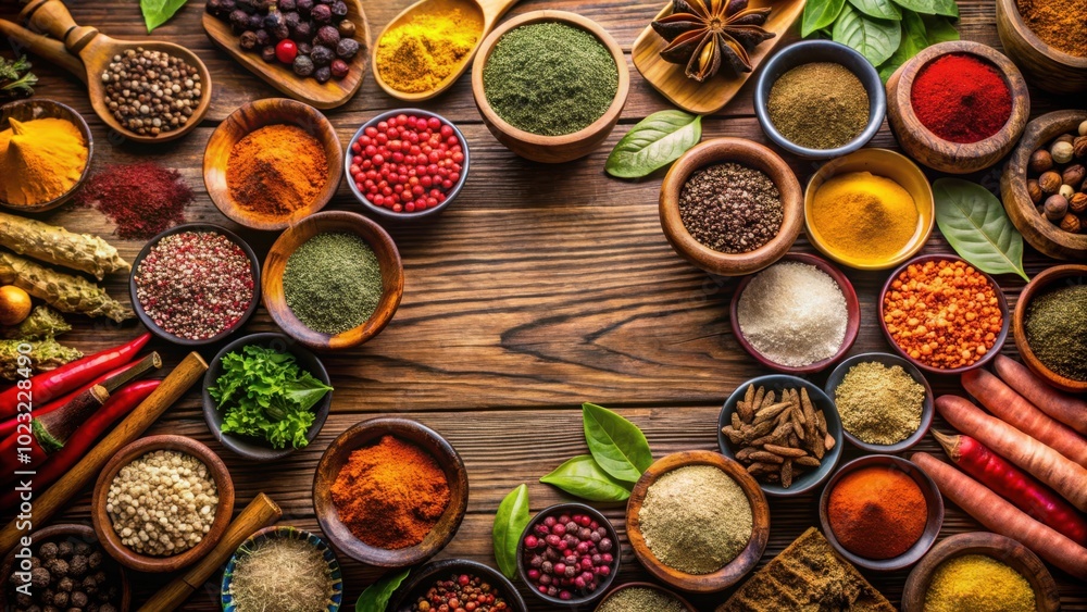 A Vibrant Array of Spices and Herbs Arranged in a Circular Pattern on a Rustic Wooden Surface A Vibrant Array of Spices and Herbs Arranged in a Circular Pattern on a Rustic Wooden Surface