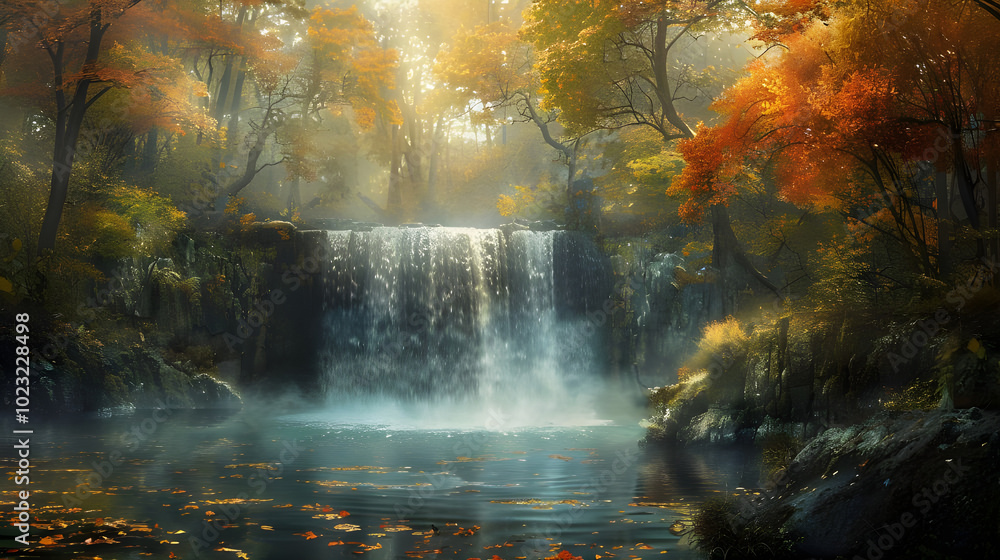 Fototapeta premium Serene Autumn Waterfall. Golden Sunlight Through Colorful Forest