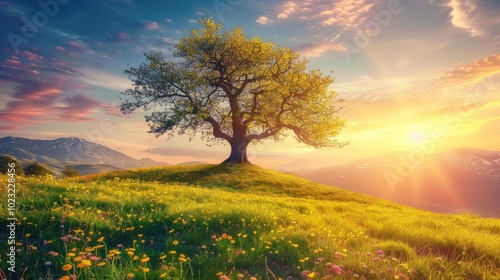 Solitary Tree on a Hilltop at Sunset