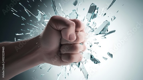 A powerful fist breaks through glass, symbolizing force, impact, and intensity in a dramatic visual representation of strength.