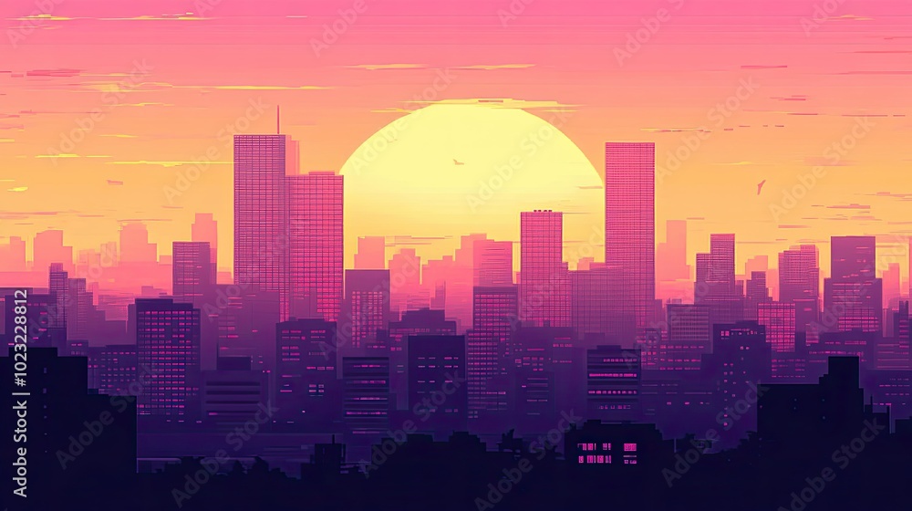 A pink sunset casting long shadows on a cityscape, with skyscrapers silhouetted against the colorful sky. A pink sunset casting long shadows on a cityscape, with skyscrapers silhouetted against the colorful sky.