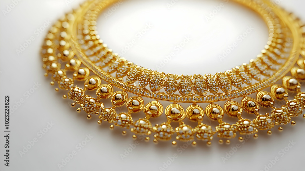 3D Icon Border Frame with Gold Necklace for Dhanteras Celebration - Luxurious Zoom Into Glossy, Prosperity-Themed Jewelry Design, Isolated White Background with Ample Copy Space 3D Icon Border Frame with Gold Necklace for Dhanteras Celebration - Luxurious Zoom Into Glossy, Prosperity-Themed Jewelry Design, Isolated White Background with Ample Copy Space