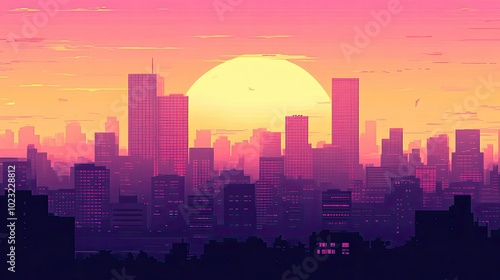 A pink sunset casting long shadows on a cityscape, with skyscrapers silhouetted against the colorful sky.