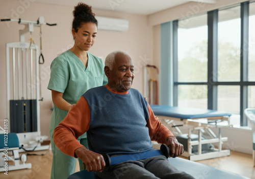 Senior man is exercising with a resistance band assisted by a nurse in a rehab center photo