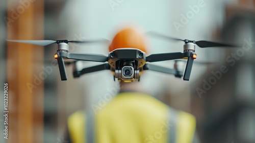 A drone equipped with AI technology inspecting a construction site, capturing detailed imagery and data for realtime analysis, with engineers monitoring the progress on tablets