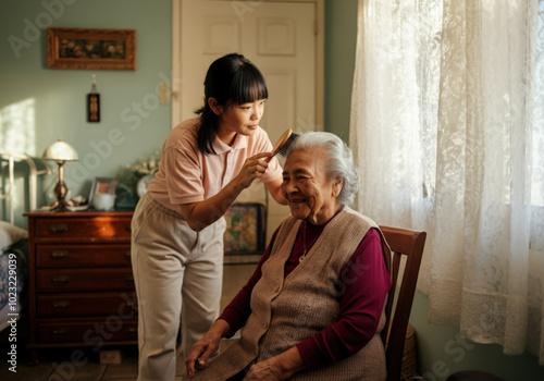 Caregiver is brushing the hair of an elderly woman sitting at home