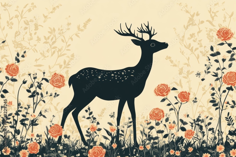 floral deer print, charming deer outline in flowery meadow a delightful pattern with roses and daisies floral deer print, charming deer outline in flowery meadow a delightful pattern with roses and daisies