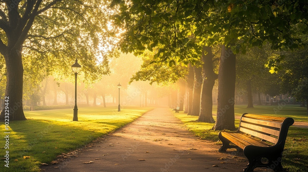 A quiet park at sunrise with soft light filtering through the trees and a calm atmosphere.