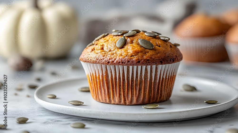 Freshly baked pumpkin muffin placed on a white plate against a marble countertop, scattered pumpkin seeds enhance the rustic food photography with natural lighting for a warm, inviting feel. Freshly baked pumpkin muffin placed on a white plate against a marble countertop, scattered pumpkin seeds enhance the rustic food photography with natural lighting for a warm, inviting feel.