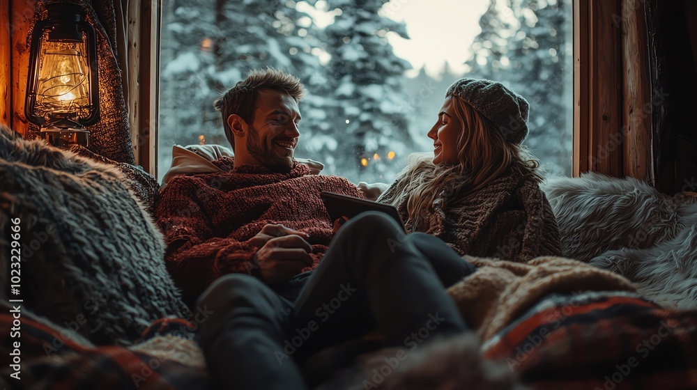 Couple sitting in a cozy cabin, streaming a movie on their tablet, relaxed and intimate atmosphere with a snowy landscape visible through the windows and a warm crackling fireplace Couple sitting in a cozy cabin, streaming a movie on their tablet, relaxed and intimate atmosphere with a snowy landscape visible through the windows and a warm crackling fireplace